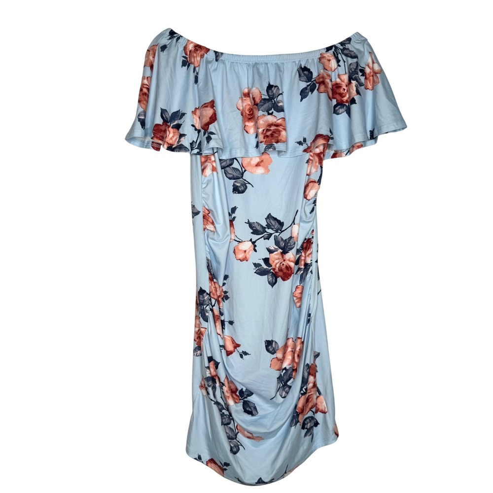PinkBlush Maternity Dress Sz Small Blue Floral Off Shoulder Ruched - Picture 2 of 9